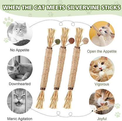 WOUSEDO 7 Pack Silvervine Sticks Cat Toy for Cats with Catnip & Matatabi Ball, Natural Chew Toys for Anxiety Relief & Dental Care, Teeth Cleaning Sticks for Indoor Cats & Kittens