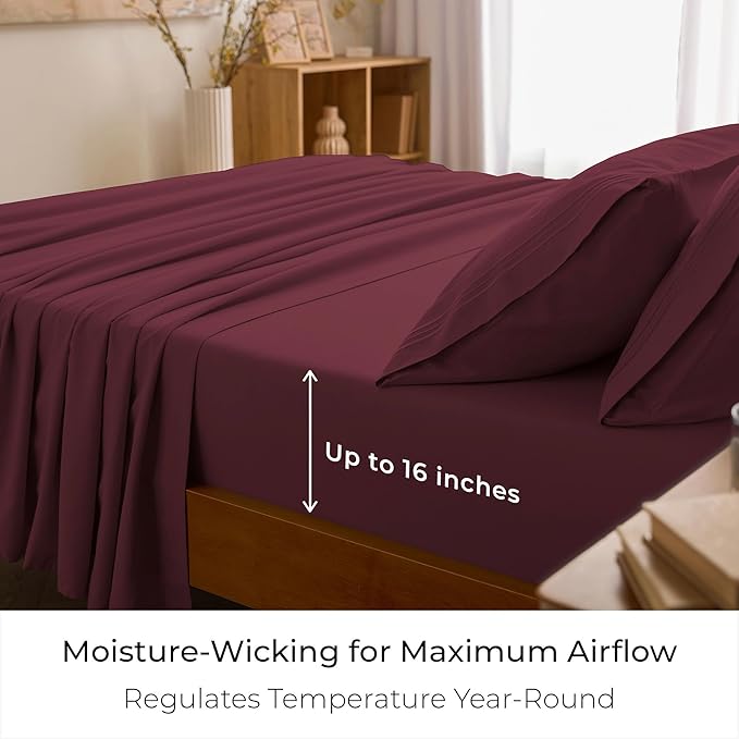 Mellanni King Sheets Set - 4 PC Iconic Collection Bedding - Hotel Luxury, Extra Soft, Cooling Bed Sheets - Wrinkle, Fade, Stain Resistant (King, Burgundy)