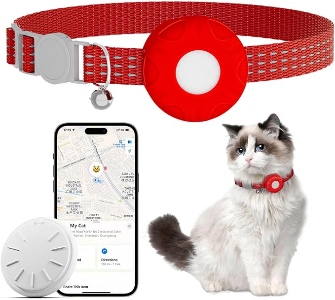 Cat Tracker Collar,No Monthly Fee Pet Tracker for Cats (Only iOS),Waterproof Tracker Cat Collars with Safety Elastic Buckle,Cat Tracker Compatible with Apple Find My App-Red