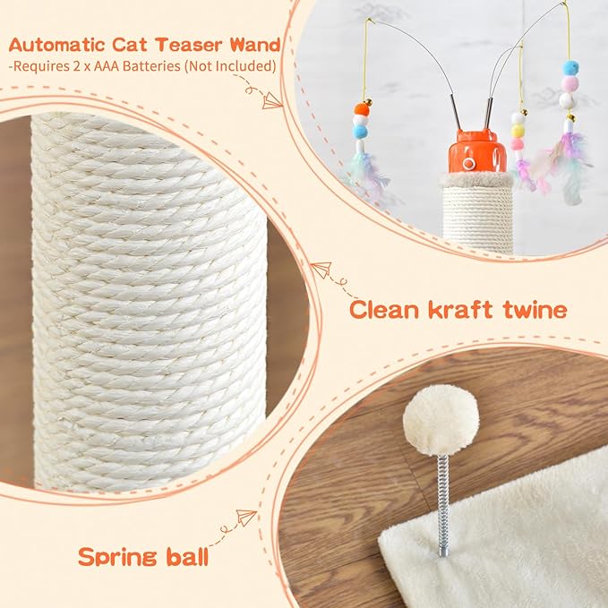YARUOMY Cat Scratching Post，42.5" Tall Heavy Duty Cat Scratcher，Scratching Posts for Indoor Cats Adult with Interactive Cat Toys Automatic Teaser Wand and Rotating Hanging Balls