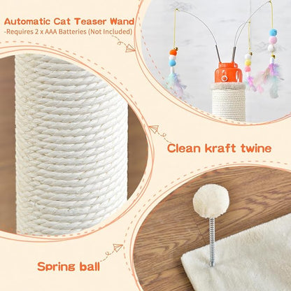 YARUOMY Cat Scratching Post，42.5" Tall Heavy Duty Cat Scratcher，Scratching Posts for Indoor Cats Adult with Interactive Cat Toys Automatic Teaser Wand and Rotating Hanging Balls