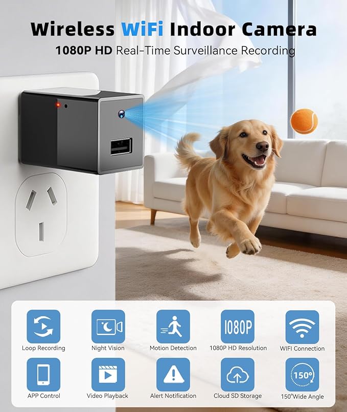 1080P HD Wireless WiFi Camera Charger for Home with App Control, Motion Detection, Night Vision & Loop Recording, 150° Indoor Security Camera with USB Phone Charger for Office/Shop/Pet,User-Friendly