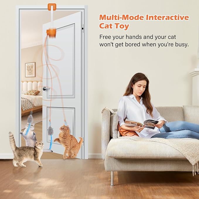 Rechargeable Electric Cat Teaser with Remote – Interactive Door Clip Teaser for Cats, 2 Motion Modes (360° Spin & Irregular Jumping), Smart Auto Cat Toy for Exercise & Fun (No Remote)(Orange)