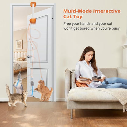 Rechargeable Electric Cat Teaser with Remote – Interactive Door Clip Teaser for Cats, 2 Motion Modes (360° Spin & Irregular Jumping), Smart Auto Cat Toy for Exercise & Fun (No Remote)(Orange)