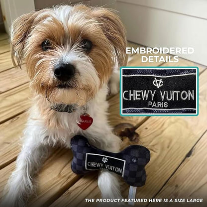 Haute Diggity Dog Chewy Vuiton Bone Plush Squeaky Dog Toy, Soft Durable Designer-Inspired Stuffed Puppy Chew Toys for Small, Medium & Large Dogs, Machine-Washable (Black Checker) XL