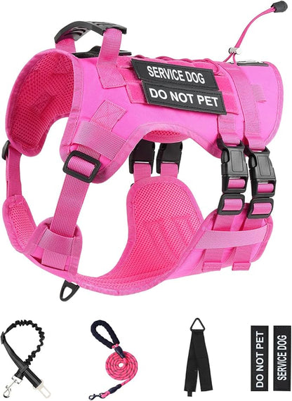 No Pull Tactical Dog Harness for Large Dogs, Escape Proof Molle Dog Vest Harness and Leash Set, Adjustable Military Service Dog Harness with Handle for Medium Large Dogs(Pink, L)
