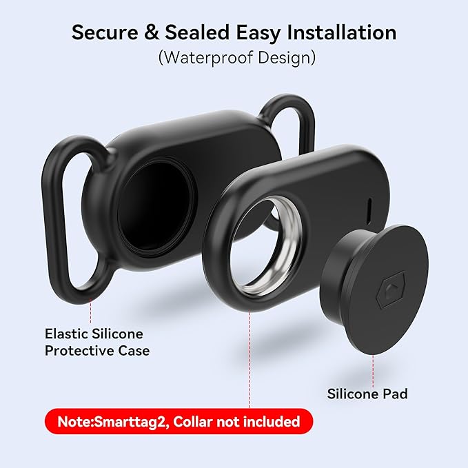 Dog Collar Holder(2 Pack) for Galaxy Smarttag2, Waterproof Silicone Case for Pet Cat, Anti-Lost Scratch Resistant Protective Cover Accessory for Samsung Galaxy Smart tag2(Black/Black)