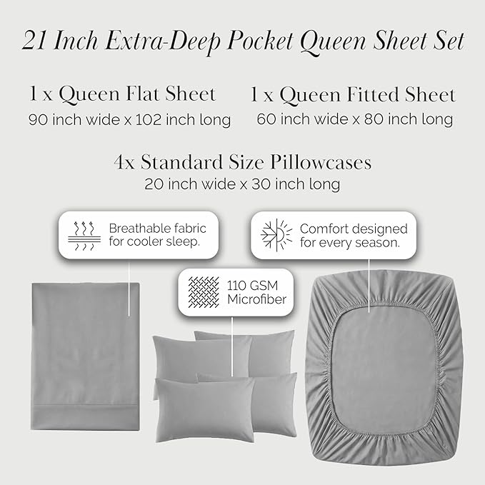 Southshore Fine Living, Inc. 6 Piece, 21 Inch Extra Deep Pocket Sheets Queen Set, Wrinkle Free Microfiber, Grey Deep Pocket, Full Elastic Fitted Sheet, Oversized Flat, 4 Pillow Cases, Steel Grey