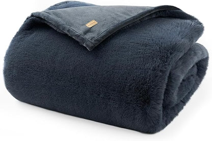 EVERGRACEHOME Luxury Soft Faux Chinchilla Fur Throw Blanket for Couch, Warm Thick Heavy Winter Throw Blanket 1220GSM for Bed, Fluffy Cozy Mink Blanket with Reversible Velvet, Stormy Blue Mink, 60"x80"