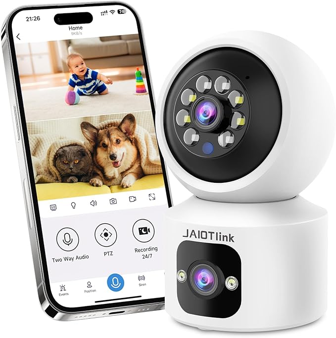 JAIOTlink Indoor Pet Security Camera for Dog Cat, 360° Pan Tilt Baby Monitor, 2.5k Dual-Lens WiFi Camera with Phone App, 2.4G/5G WiFi, AI Human & Pet Detection,Compatible with Alexa
