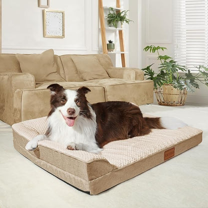 Orthopedic Dog Bed Large Sized Dog 36''X24'', Waterproof L Bolster Egg Crate Foam Pet Crate Beds with Washable Removable Cover, Non-Slip Soft Pet Couch Sleep Mat, Ivory
