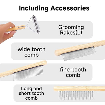 Bamboo Undercoat Rake & Deshedding Comb for Dogs & Cats - Cat & Dog Brush & Dematting Tool for Matted Fur, Pet Grooming Kit with Fur Comb & Flea Comb for Shedding Control
