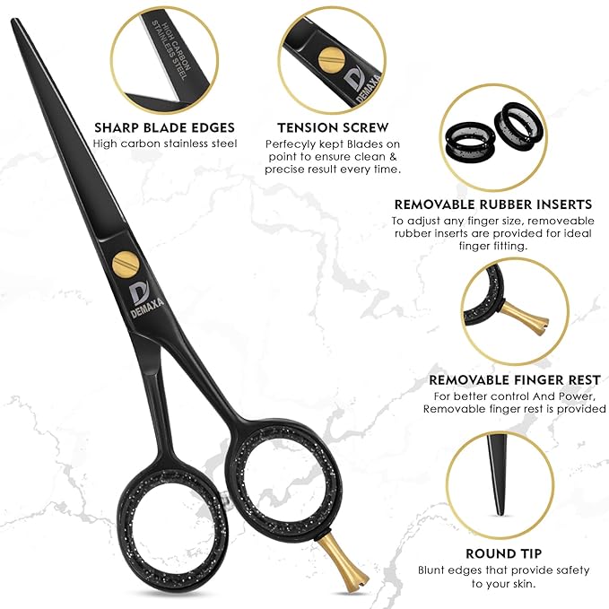 DEMAXA 5" Professional Mustache Scissors Beard Scissors for Men with Fine tip Tweezers 1 Mustache Comb 1 Beard Comb & Pouch – Beard Trimming kit & Mustache Kit (Black Shears With Tweezer)