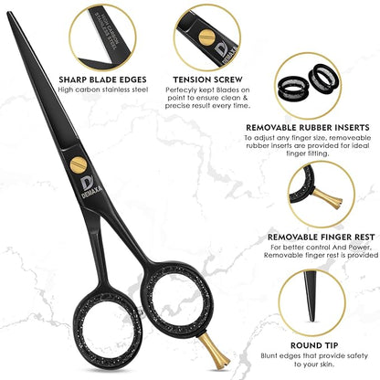 DEMAXA 5" Professional Mustache Scissors Beard Scissors for Men with Fine tip Tweezers 1 Mustache Comb 1 Beard Comb & Pouch – Beard Trimming kit & Mustache Kit (Black Shears With Tweezer)