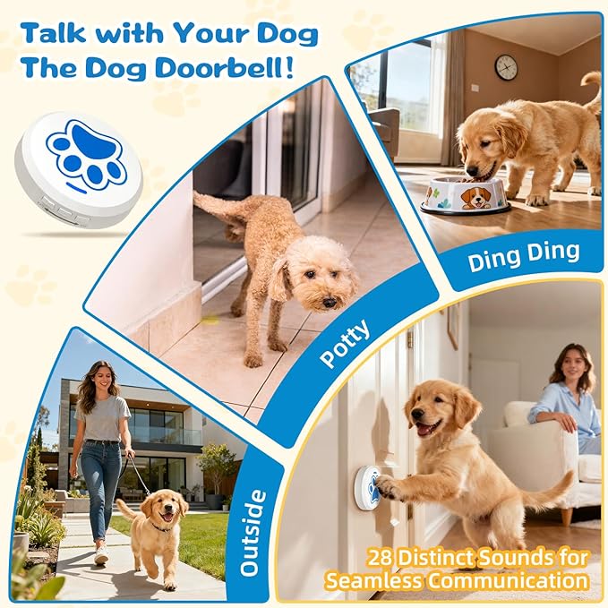ChunHee Dog Bells to Go Outside - Bell for Dogs to Ring to Go Potty | Chew-Proof Dog Door Bell | 0-115dB Adjustable Volume & 28 Ringtones | Bells for Dog Training to Go Outside Without Barking