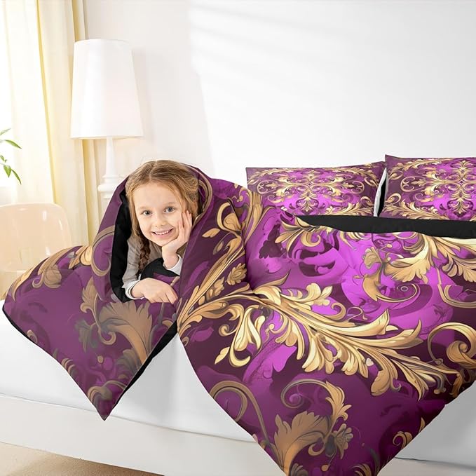 Erosebridal (Just Print Golden Damask Twin Size Bedding, Vintage Florals Exotic Comforter Set for Kids Boys Girls, Hippie Boho Aztec Paisley Quilt Set Victorian Baroque Luxury Bed Sets