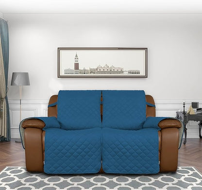 Easy-Going Loveseat Recliner Cover, Reversible Couch Cover for Double Recliner, Split Sofa Cover for Each Seat, Furniture Protector with Elastic Straps for Kids, Dogs(2 Seater, Peacock Blue/Beige)