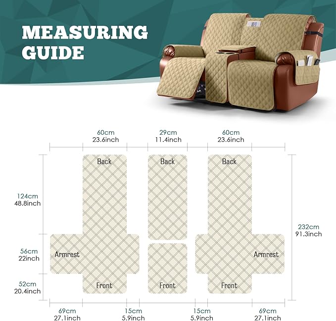 Ruaozz Waterproof Loveseat Recliner Cover with Console Non-Slip Reclining Couch Covers Split Sofa Slipcovers with Elastic Straps Furniture Protector for Kids, Dogs, Pets (Sand, 2 Seater)