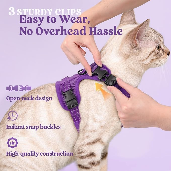 rabbitgoo Cat Harness and Leash, Escape Proof Vest with 3 Adjustable Buckles, Soft Comfortable Kitten Harness, Easy to Wear, Reflective for Safe Outdoor Walking, Small, Purple
