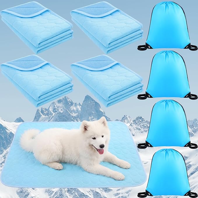 Chunful 4 Pack Pet Cooling Mat for Dogs and Cats, Summer Washable Dog Cooling Pad with Non-Slip Bottom & Storage Bags, Foldable Self-Cooling Blanket for Crate, Sofa, Floor, Car(27 x 21 Inches)