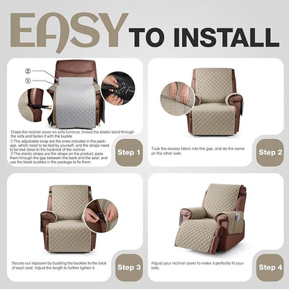 KinCam 100% Waterproof Recliner Chair Cover, Reclining Couch Covers for Pets, Dogs, Recliner Couch Slipcover Furniture Protector with Elastic Straps for Kids(25", Khaki)