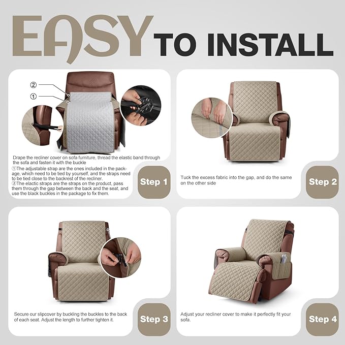 KinCam 100% Waterproof Recliner Chair Cover, Reclining Couch Covers for Pets, Dogs, Recliner Couch Slipcover Furniture Protector with Elastic Straps for Kids(23.6", Khaki)