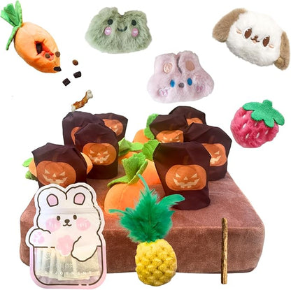 CECE PAW Carrot Patch Cat Toy Halloween Edition, Mat Pocket with Pumpkin Design, 12 Squeaky Carrot with Pockets and 4 Cute Catnip Toys for Indoor Cats Kicking and Biting