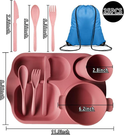 25 Pcs Wheat Straw Dinnerware Sets BPA Free Lightweight Bowl Reusable Dinner Plates Microwave Dishwasher Safe Cup Portable Spoon Knife Fork Dinnerware for Kids Aldult Home School Office Picnic Travel