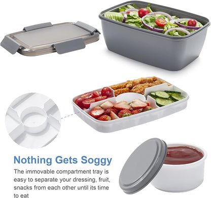 Freshmage Salad Lunch Container To Go, 68-oz Grey-XL, Leak-proof Lid, 4 Compartments, Sauce Container, Safe Material, Easy Carry