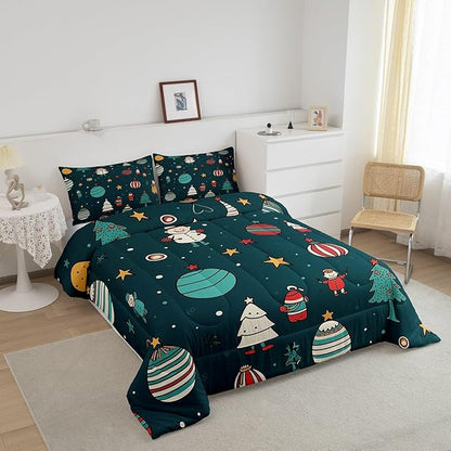 Erosebridal Merry Christmas King Comforter Cartoon Snowman Bedding Set for Child Toddler Dark Green Duvet Insert Sparkling Stars Bed Set Xmas Tree Quilted Duvet Soft Cozy Home Decorative 3 Piece