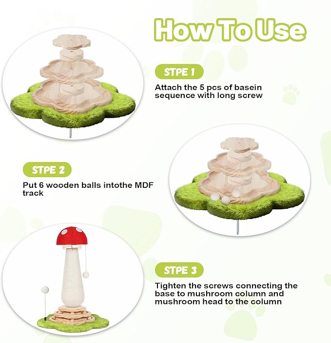 Mushroom Cat Scratching Post Cat Tree, Cute Cat Scratcher Tower with Interactive Ball Two-Layer Track Spring Ball Toys, Mushroom Scratch Post Cat Sisal Scratcher with Catnip for Indoor Cats