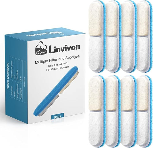 8-Pack Replacement Filters & Sponges Only for WF400 Pet Water Fountain, Design for Stainless Steel Dog Water Fountain for Large Dogs (No Include Bowl)