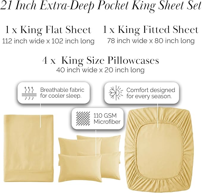Southshore Fine Living, Inc. 21-Inch Deep Pocket King Sheet Set, 6-Piece King Size Sheets Set, Full Elastic Fitted Sheet, Oversized Flat, Muted Gold Pillow Cases, Muted Gold Sheets