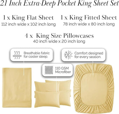 Southshore Fine Living, Inc. 21-Inch Deep Pocket King Sheet Set, 6-Piece King Size Sheets Set, Full Elastic Fitted Sheet, Oversized Flat, Muted Gold Pillow Cases, Muted Gold Sheets