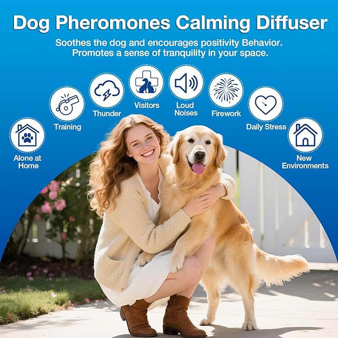 Dog Calming Pheromones Diffuser 3 in 1 Kit Appeasing Pheromone Diffuser to Calm (2 Plug in+2 Pack 48ml Refill) for Anxiety Relief Reduce Aggression Fighting Barking Stress 60 Day Supply(Tasteless)