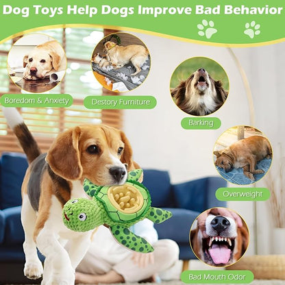 Interactive Dog Toy, Green Turtle Plush with Slow Feeder Bowl, Squeaky Chew Toy