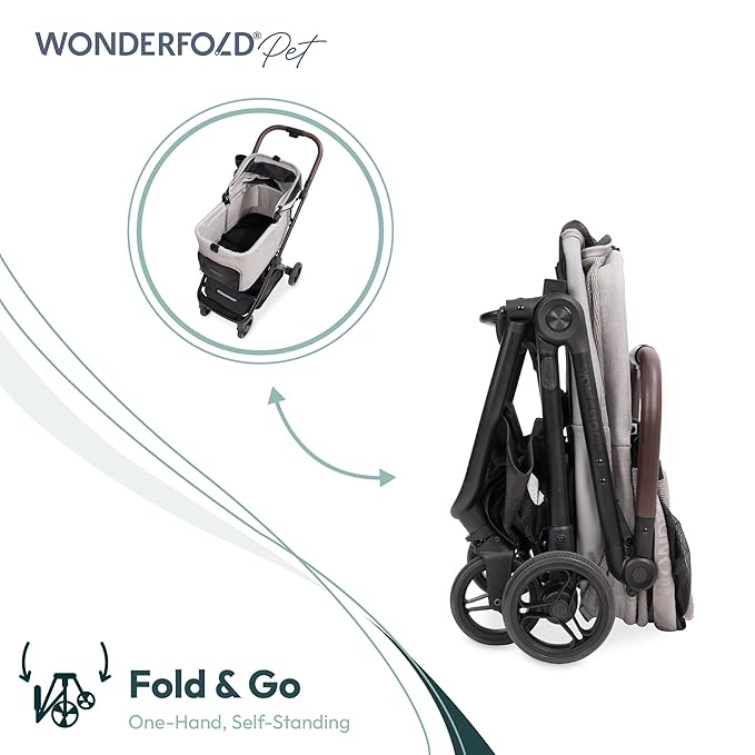 WonderFold Bella Pet Stroller - Autofold Design with Lightweight Aluminum Frame, Breathable Carriage Fabrics and Canopy, Safety Tethers & Easy-Clean Interior - Light Gray