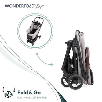 WonderFold Bella Pet Stroller - Autofold Design with Lightweight Aluminum Frame, Breathable Carriage Fabrics and Canopy, Safety Tethers & Easy-Clean Interior - Light Gray