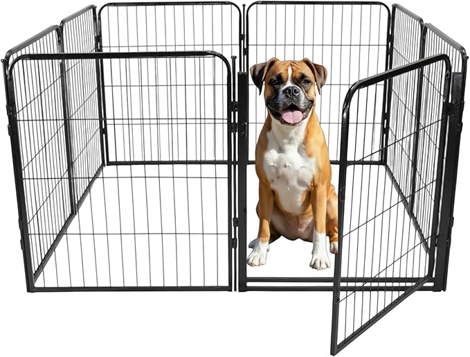 Dog Playpen - 32 inch, 8 Panel Portable Black Metal Pet Play Pen for Small Dogs & Puppies - Indoor/Outdoor Kennel Cage | Anti-Rust - Tool Free Setup for Home, Yard, RV, or Camping