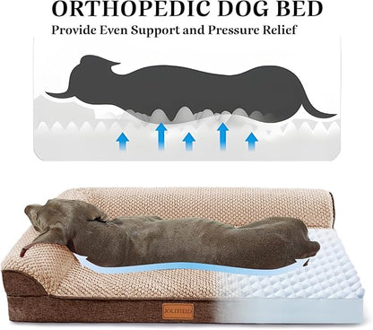 Orthopedic XL Dog Bed Large Sized Dog 42''X28'', Waterproof L Bolster Egg Crate Foam Big Pet Crate Beds with Washable Removable Cover, Non-Slip Soft Pet Couch Sleep Mat, Brown