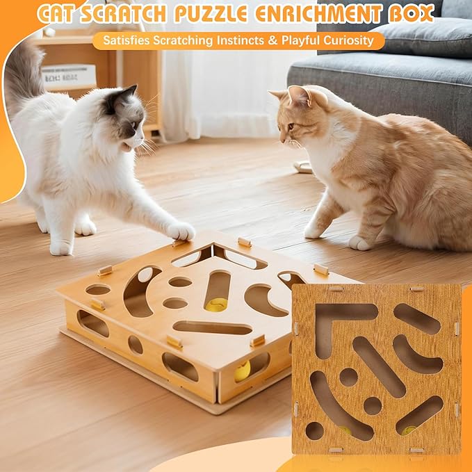 Cat Nail File Enrichment Box, Scratch Puzzle, Stress-Free Nail Care Alternative, Interactive Maze Scratcher with Bell Ball for Indoor Cats