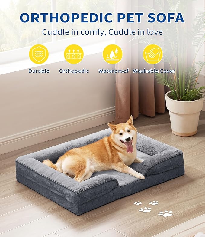 Made4pet Large Dog Bed, Orthopedic Dog Sofa Egg-Crate Foam 38" Pet Couch Bed with Washable Waterproof Cover,Gray