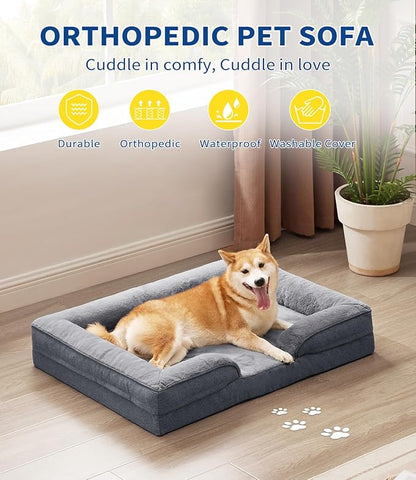 MADE 4 PETS Orthopedic Dog Bed for Large Dogs, Supportive Foam Big Large Pet Bed Sofa with Washable Removable Cover, Waterproof Dog Couch Bed, Non-Slip Bottom and Egg-Crate Foam, Grey