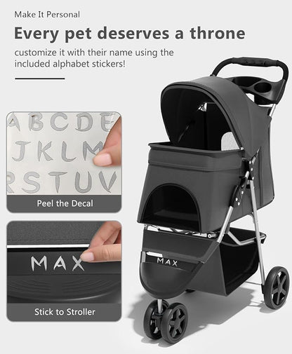 OS MOTOR Pet Stroller with 3 Wheels for Small/Medium Pets, Portable Travel Foldable Carrier Jogger for Dog Cat Puppy Kitty, Rear Wheel Breaks, Storage Basket, Visible Mesh with Weather Cover (Black)