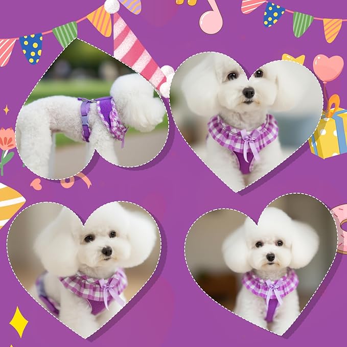 EXPAWLORER Cute Dog Harness Collar Leash Set - Purple Girl Dog Harness Checkered Step-in Design, Detachable Bow Pet Collar, Adjustable No-Choke Lightweight Mesh Vest for Cats Puppy Small Dogs, S
