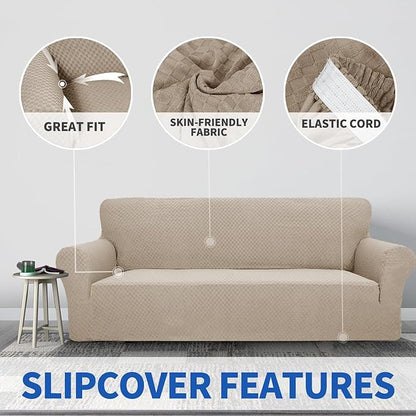 ZNSAYOTX 1 Piece Jacquard Couch Covers for 3 Cushion Couch Living Room High Stretch Sofa Cover Pets Dogs Friendly Anti Slip Thickened Slipcovers Furniture Protector (Sofa, Khaki)