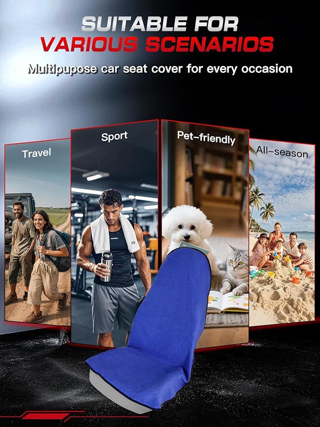 550g Heavy Duty Towel Car Seat Cover, Waterproof Sweat Protector for Post-Gym & Beach, Non-Slip Microfiber Bucket Seat Mat for Sedans SUV Minivans, Machine Washable (Blue, 1-Pack)