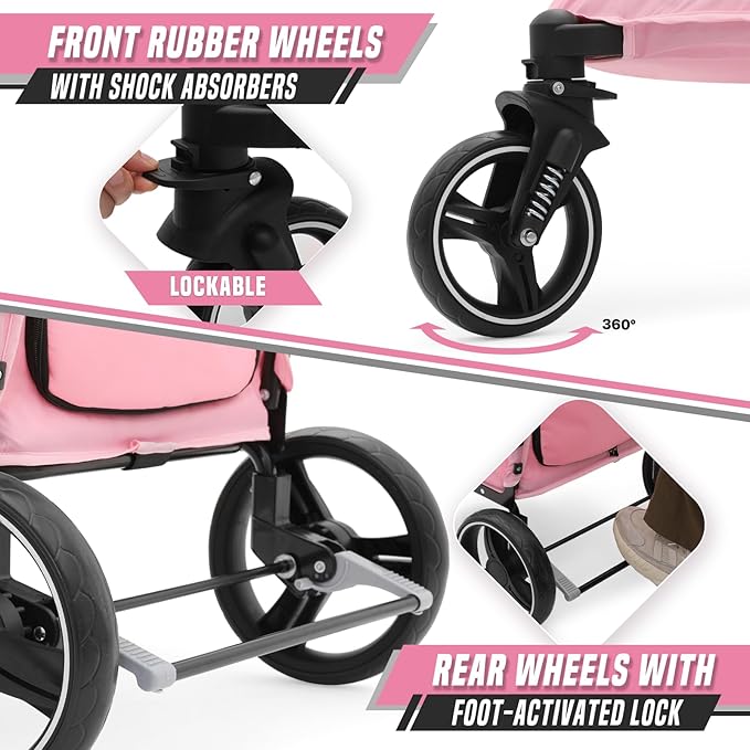 Pet Stroller for Large Dogs or Multiple Dogs Cats with Adjustable Handle, 3-Wheels Dual Entry Visible Portable Dog Carting Easy Folding Pet Wagon Double Dog Stroller up to 55 lbs, Pink