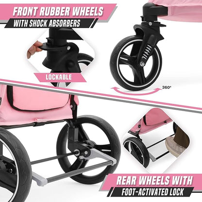 Pet Stroller for Large Dogs or Multiple Dogs Cats with Adjustable Handle, 3-Wheels Dual Entry Visible Portable Dog Carting Easy Folding Pet Wagon Double Dog Stroller up to 55 lbs, Pink
