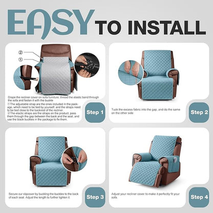 KinCam 100% Waterproof Recliner Chair Cover, Reclining Couch Covers for Pets, Dogs, Recliner Couch Slipcover Furniture Protector with Elastic Straps for Kids(25", Light Blue)